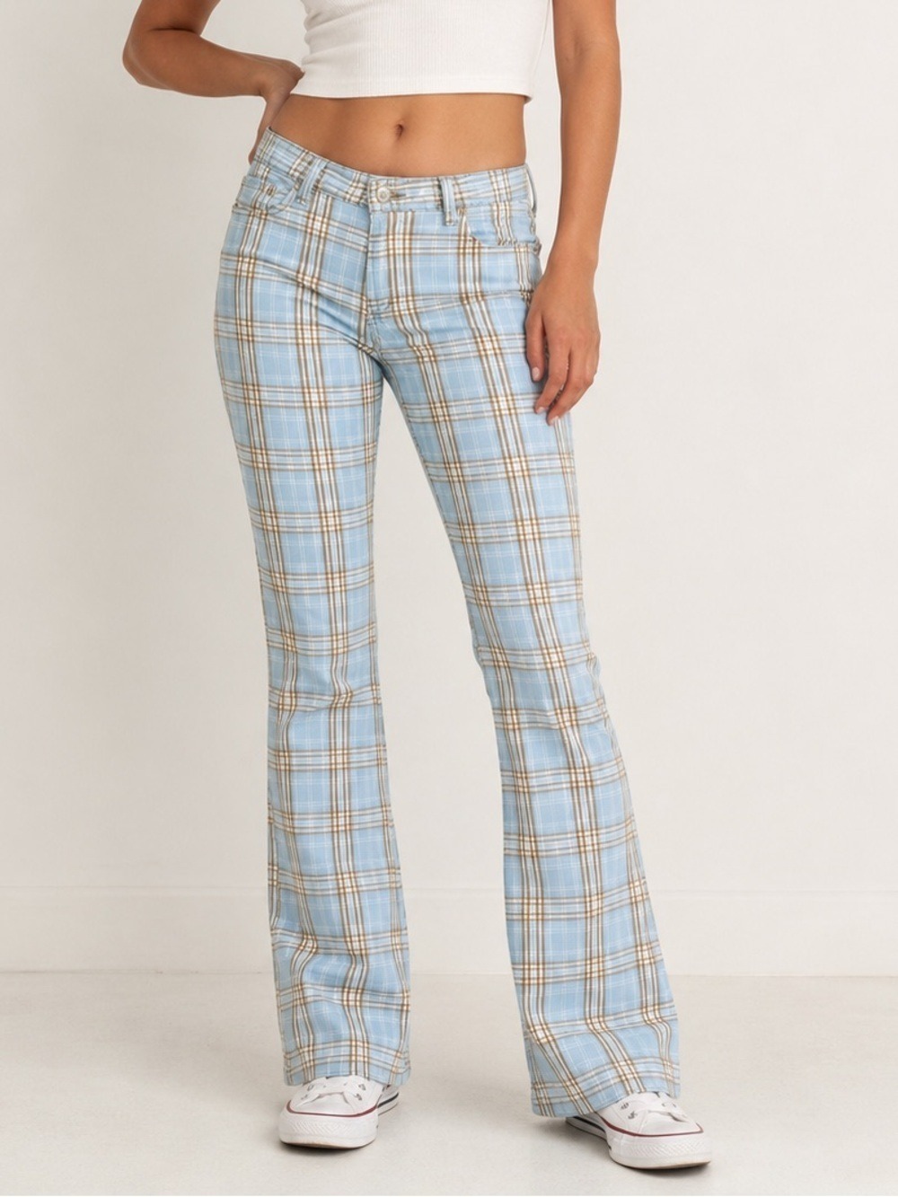 90s Manager plaid pants Womens soft blue stretch cotton Vintage Retro womens